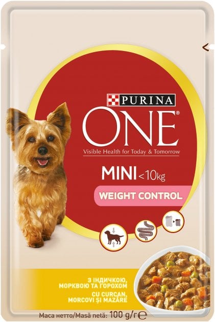 Вологий корм для контролю ваги собак малих порід Purina One Mini Weight Control, в соусі, з індичкою, морквою та горохом, 100 г (12451547) - фото 1