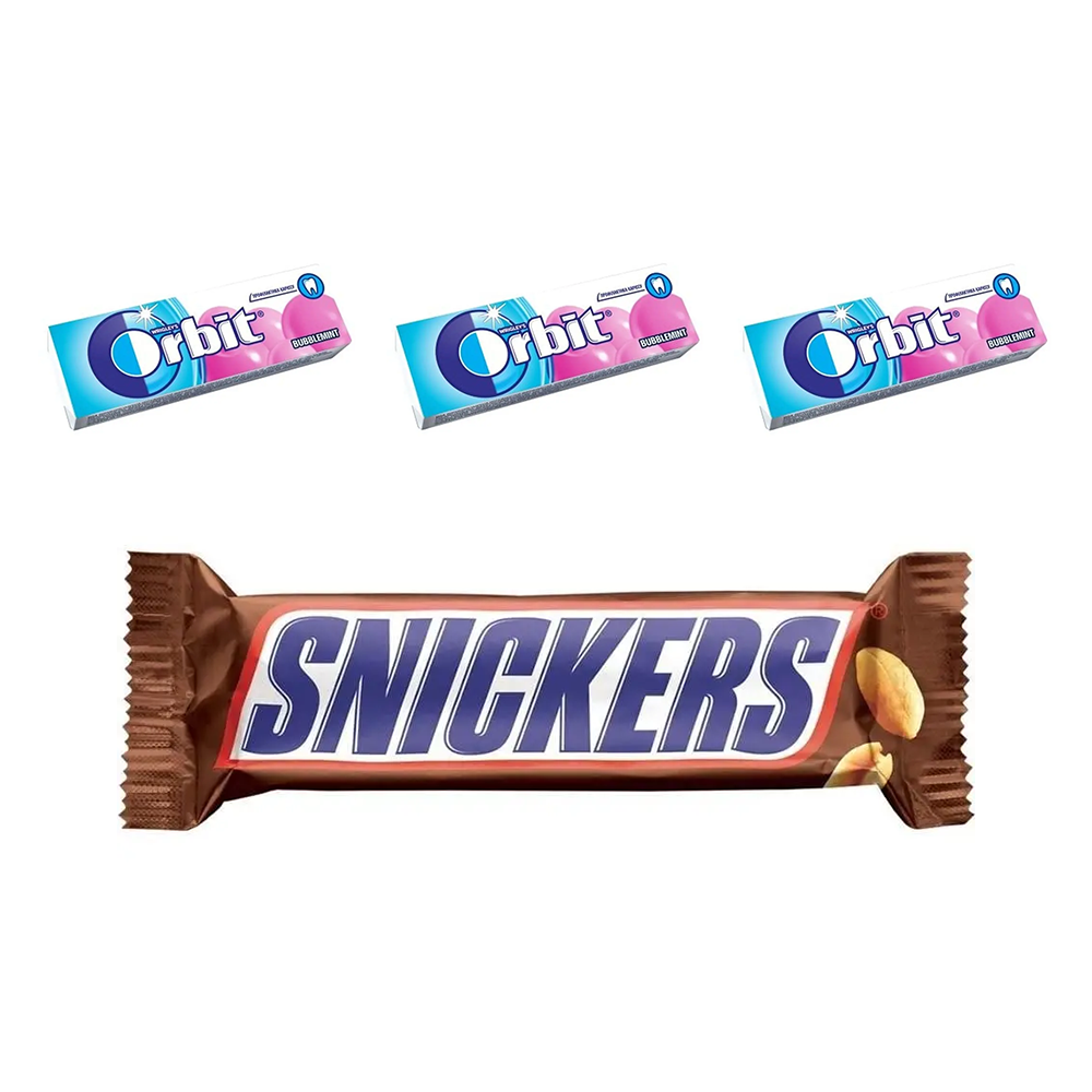 Набір: батончик Snickers з арахісом 50 г + гумка жувальна Orbit Bubblemint 14 г 3 шт. - фото 1