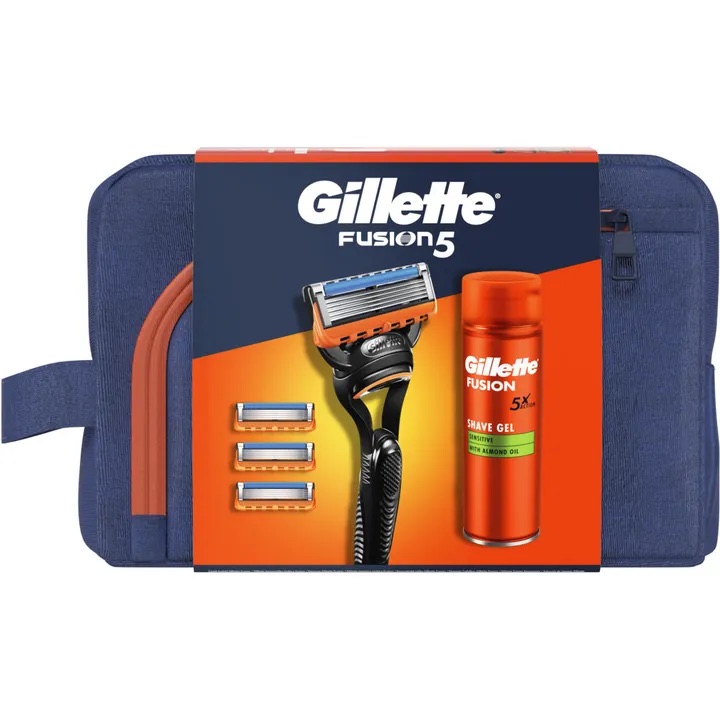 Подарунковий набір: Станок для гоління чоловічий Gillette Fusion5 з 4 змінними картриджами + Гель для гоління Gillette Fusion5 для чутливої шкіри 200 мл + Косметичка - фото 2