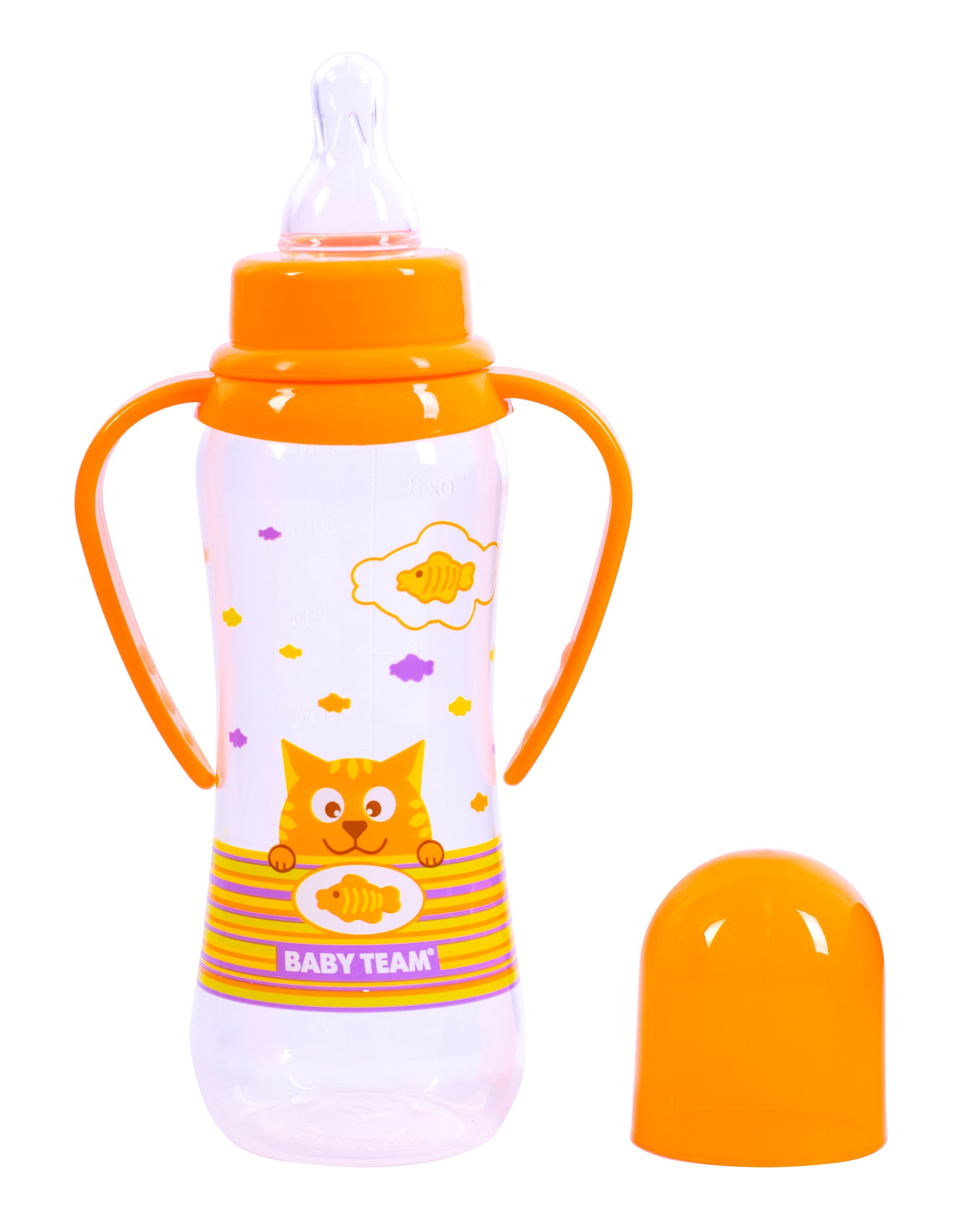 Бутылочка для кормления Baby Team, с ручками и силиконовой соской, 250 мл, оранжевый (1411_оранжевый) - фото 2
