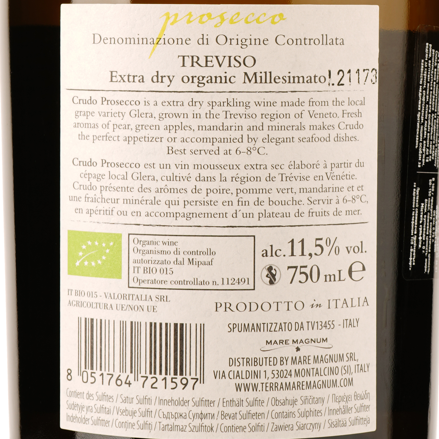 Игристое вино Mare Magnum Crudo Prosecco Organic, белое, экстрасухое, 11,5%, 0,75 л - фото 3