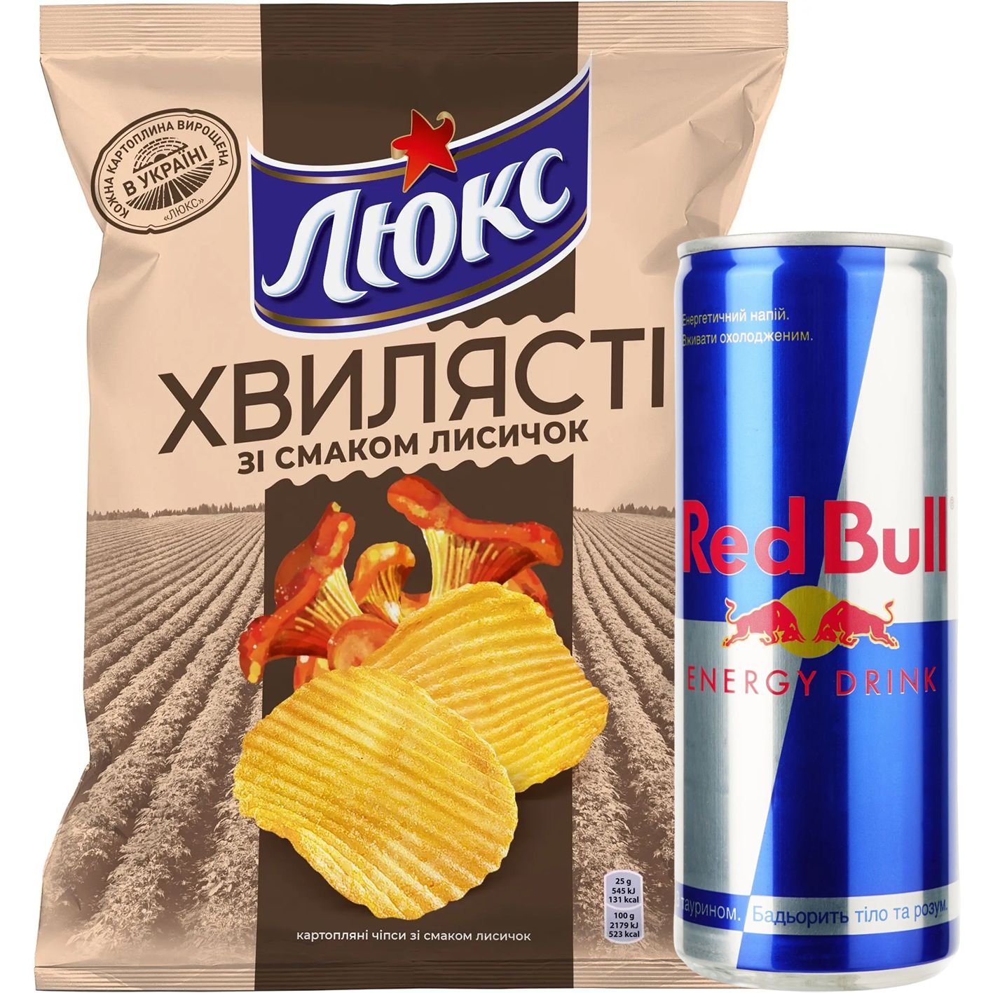 Набір: чипси Люкс хвилясті зі смаком лисичок 125 г + енергетичний напій Red Bull 250 мл - фото 1