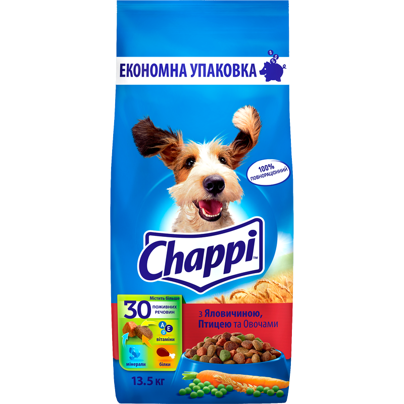 Сухой корм Chappi для взрослых собак с говядиной, птицей и овощами, 13,5 кг - фото 1