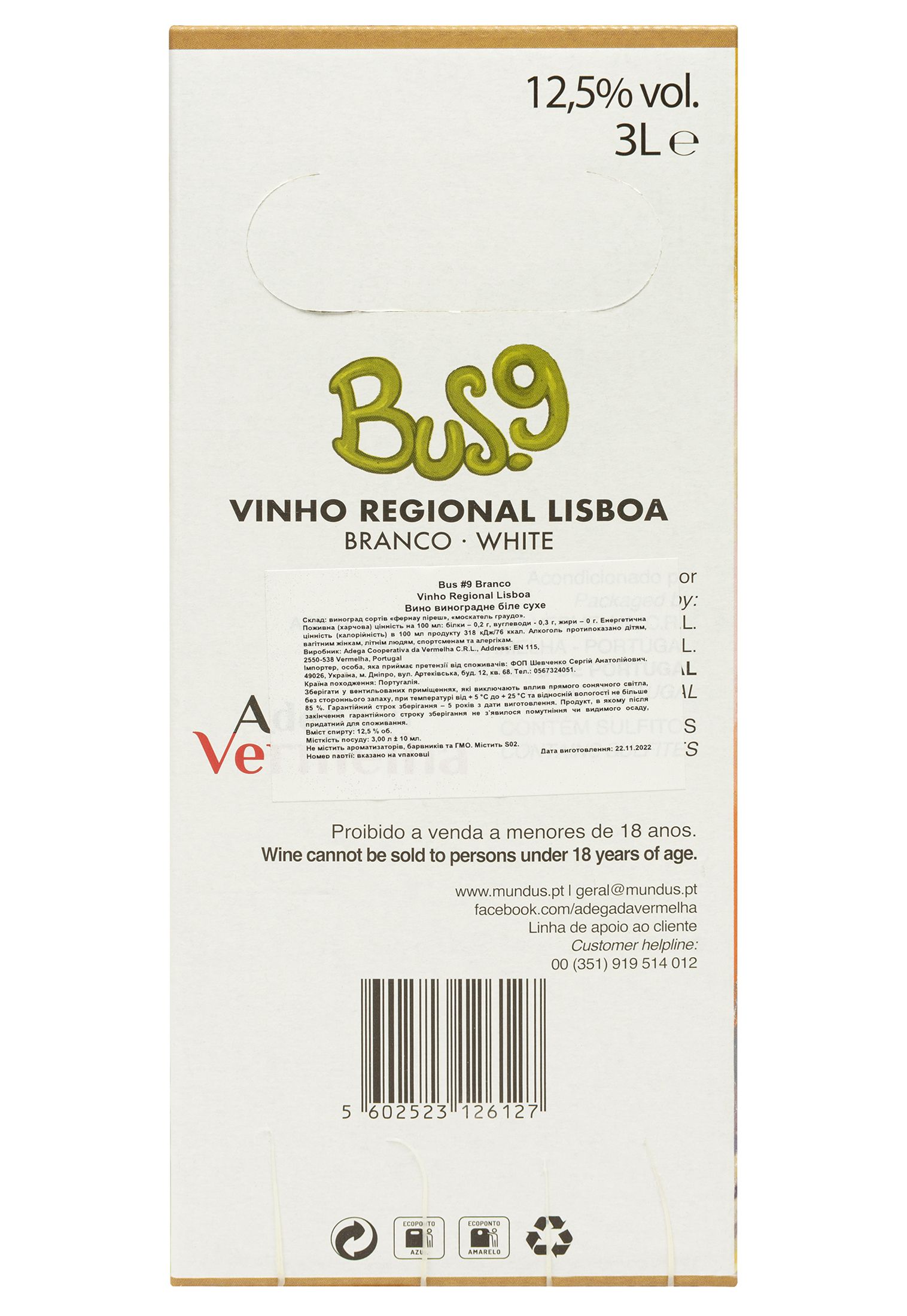 Вино Bus.9 Vinho Regional Lisboa Fernao Pires-Moscatel Graudo, белое, сухое, 3 л - фото 2