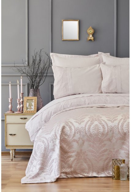 Набор постельное белье с покрывалом пике Karaca Home Carla pudra, евро, светло-розовый, 7 предметов (svt-2000022225663) - фото 1