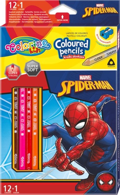 Карандаши цветные Colorino Spiderman, трехгранные, с точилкой, 12 шт., 13 цветов (91789PTR) - фото 1