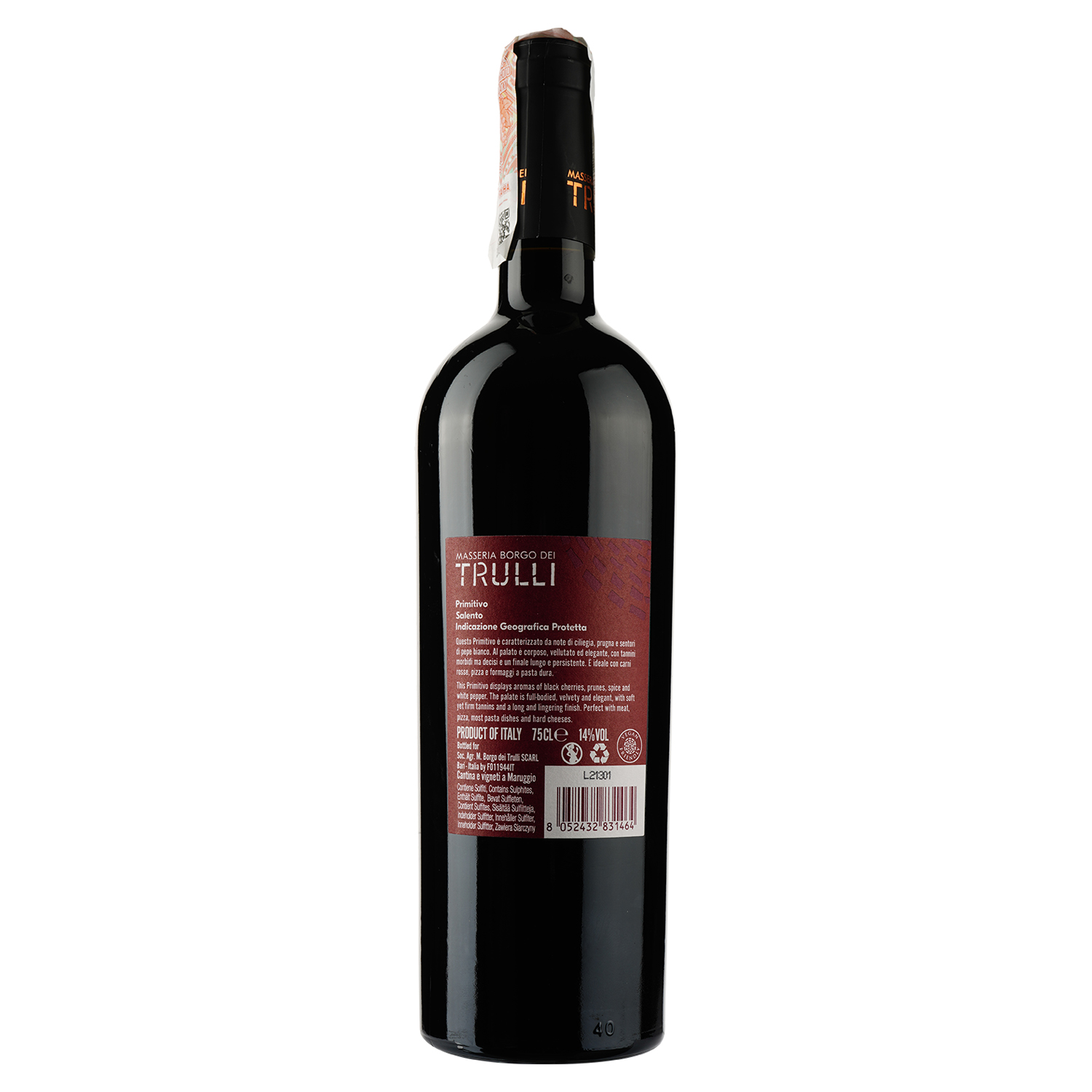Вино Masseria Borgo Del Trulliі Примитиво, красное, полусухое, 13,5%, 0,75л - фото 2