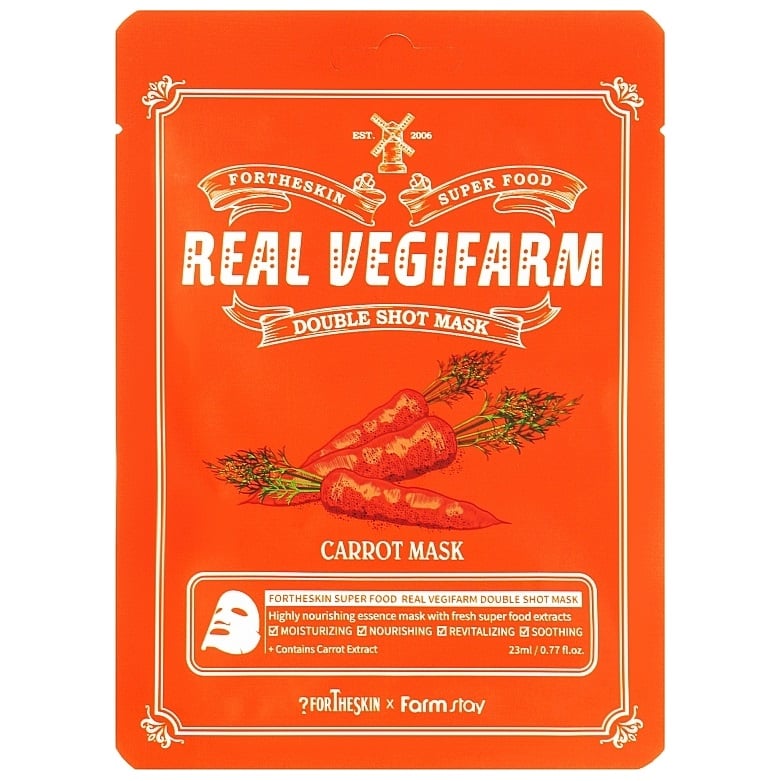 Тканевая маска для лица Fortheskin Super Food Real Vegifarm Double Shot Mask Carrot Морковь, 23 мл - фото 1