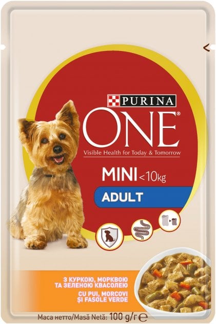 Вологий корм для дорослих собак дрібних порід Purina One Mini Adult, в соусі, з куркою, морквою та зеленою квасолею, 100 г (12451536) - фото 1