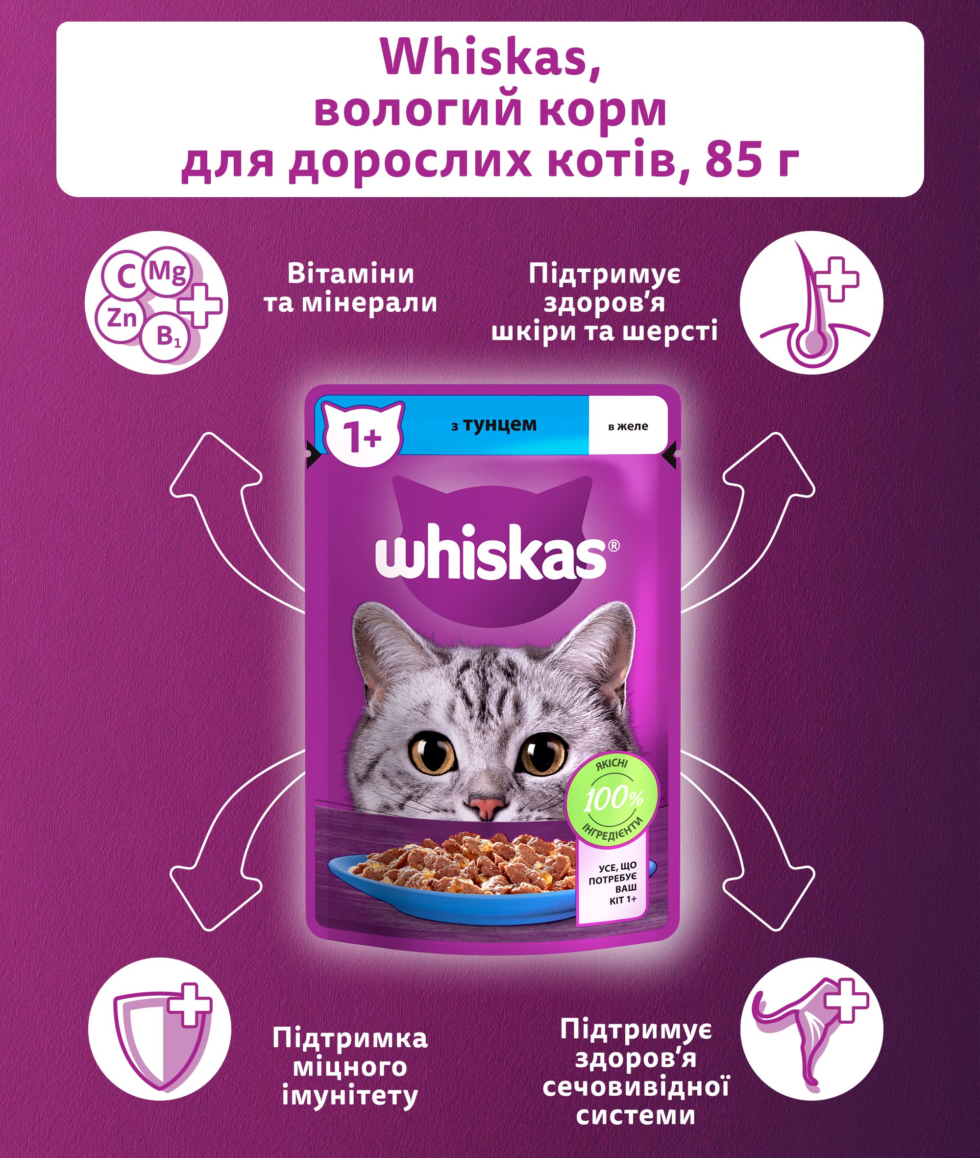 Влажный корм для кошек Whiskas, с тунцом в желе, 85 г - фото 4