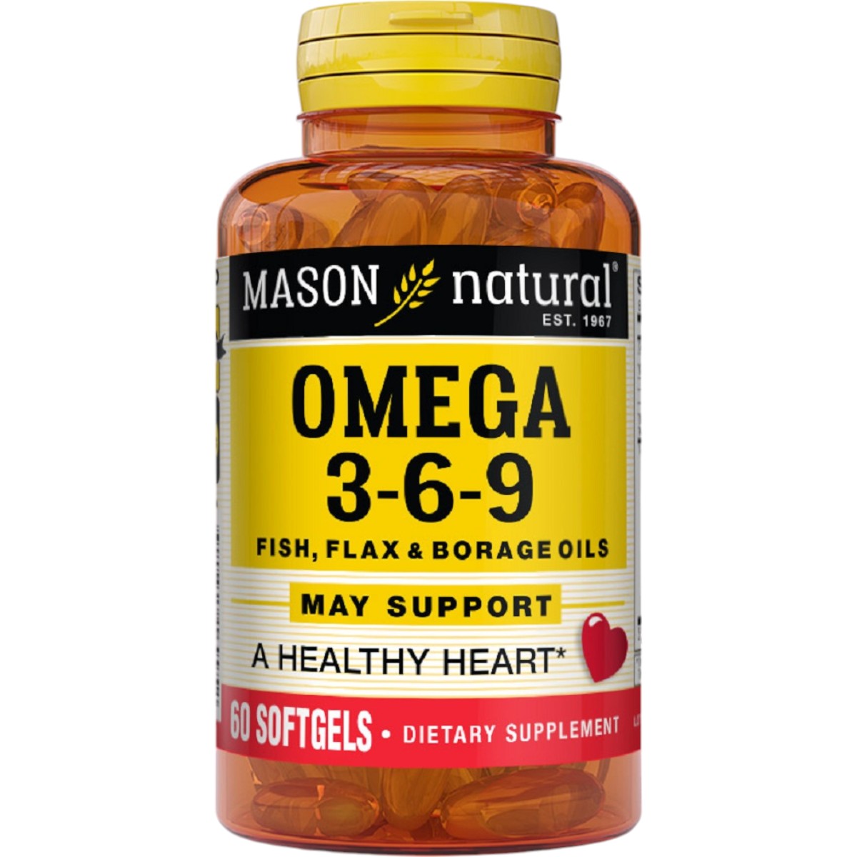 Потрійна Омега 3-6-9 Mason Natural Fish, Flax & Borage Oils олія риби, льону та огірника 1.200 мг 60 гелевих капсул - фото 1