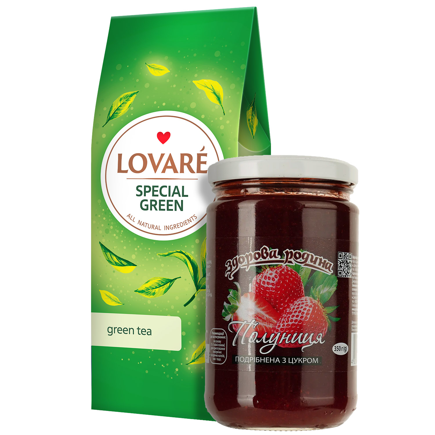 Набор: Чай зеленый Lovare Special Green 80 г + Варенье Здорова родина Клубника измельченная с сахаром 350 г - фото 1