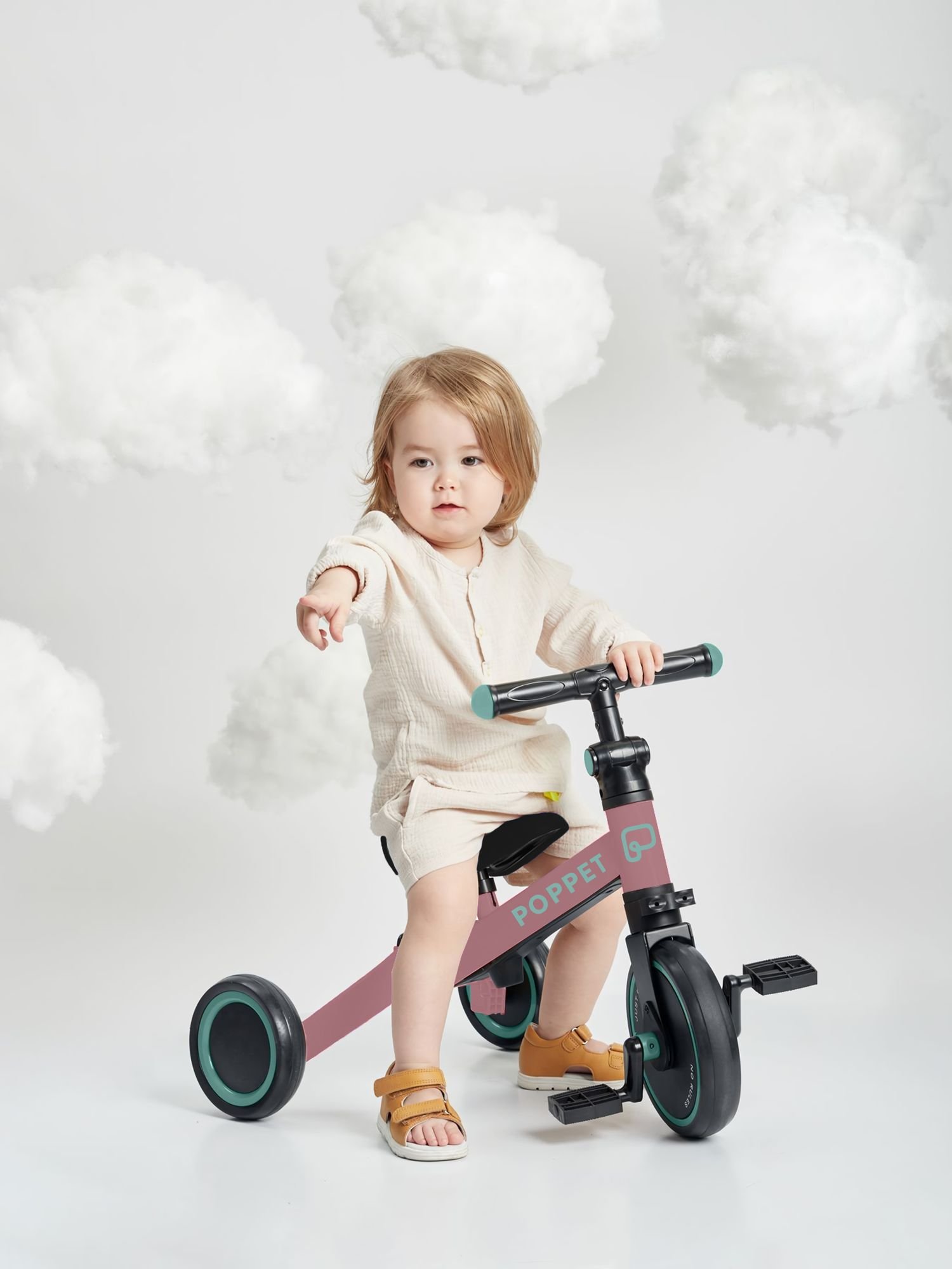 Детский трехколесный беговел-трансформер Poppet 3в1, розово-мятный + стикерпак (PP-1703P) - фото 6