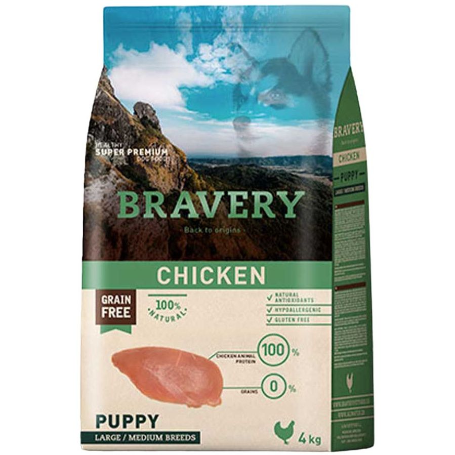 Сухий корм для цуценят середніх та великих порід Bravery Chicken Puppy Large Medium, з куркою, 4 кг - фото 1