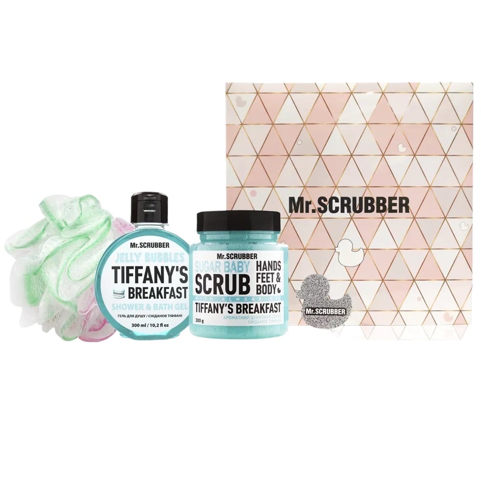 Подарунковий набір Mr.Scrubber Tiffany's Breakfast: Цукровий скраб, 300 г + Гель для душу, 300 мл + Мочалка Хмаринка - фото 1