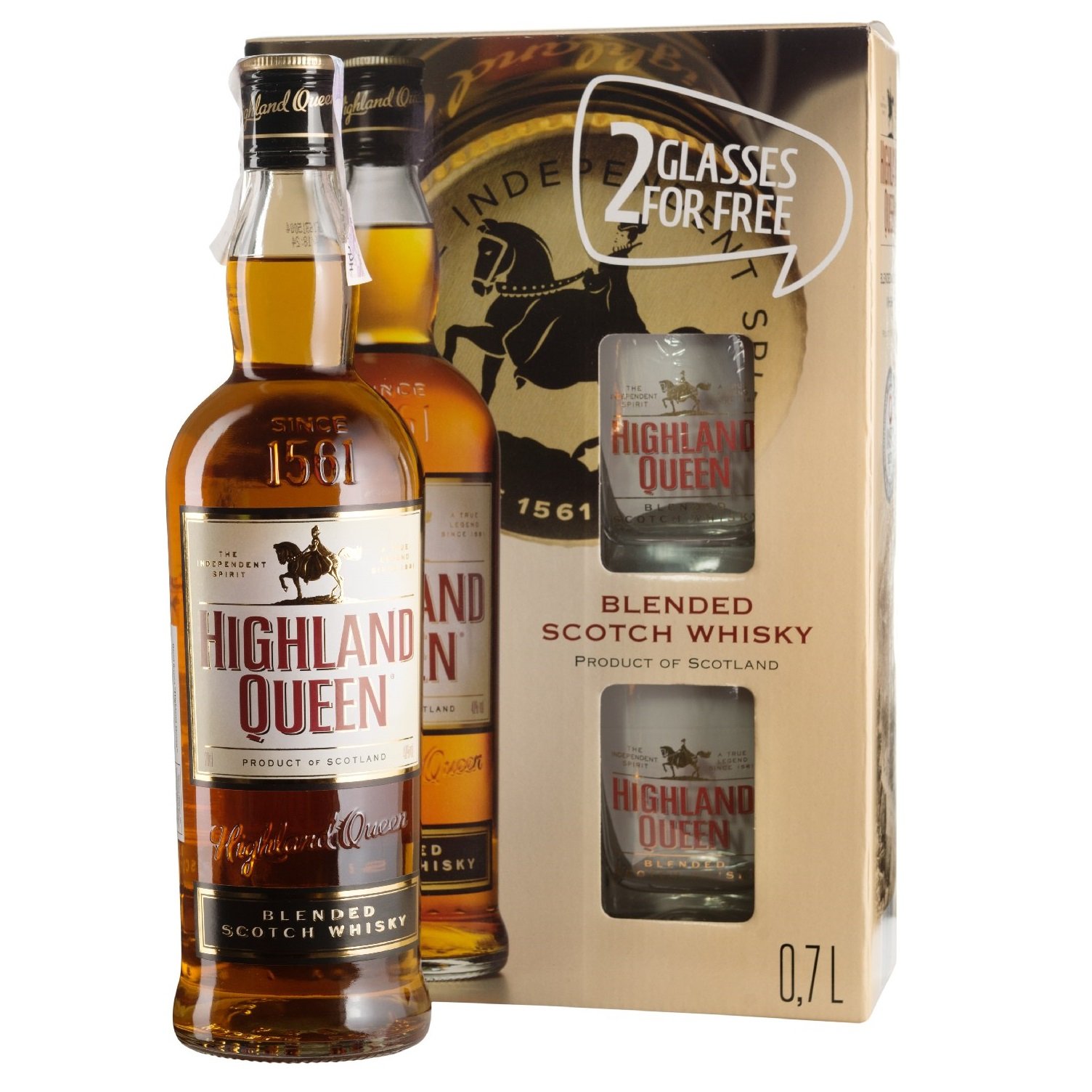 Набор виски Highland Queen Blended Scotch Whisky, 40%, 0,7 л + 2 бокала (17401) - фото 1