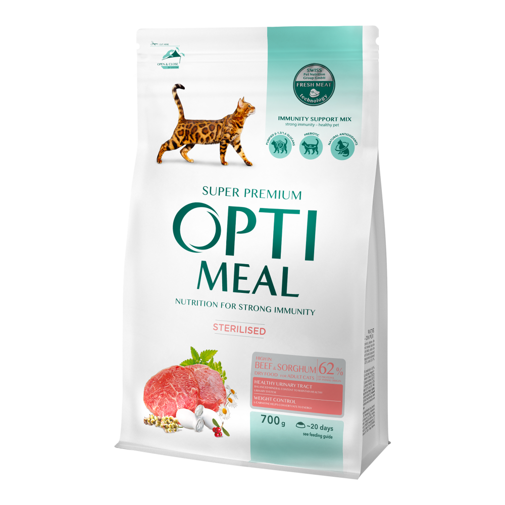 Полнорационный сухой корм для стерилизованных кошек и кастрированных котов Optimeal с высоким содержанием говядины и сорго, 0,7 кг - фото 1