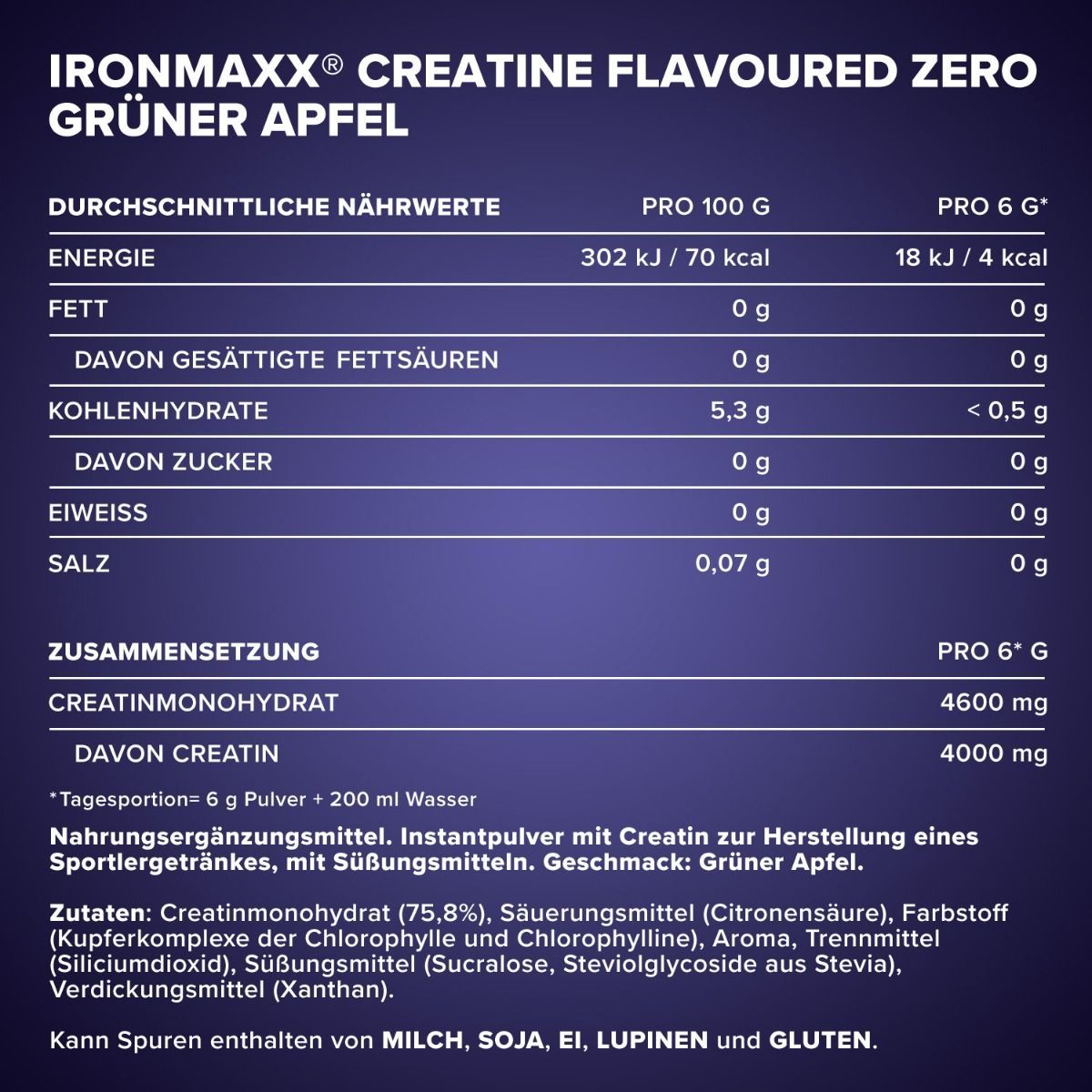 Креатин IronMaxx Creatine Flavoured Zero Зеленое яблоко 250 г - фото 5