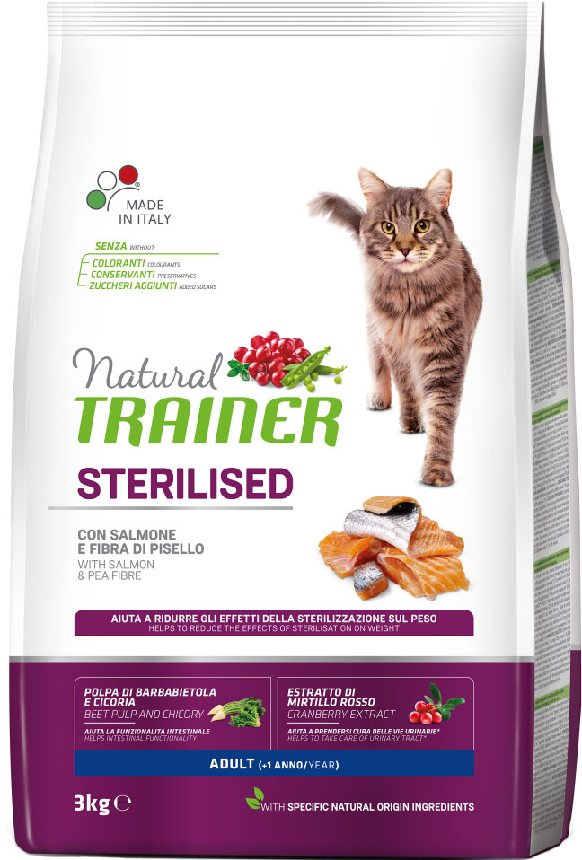 Сухий корм для стерилізованих кішок та кастрованих котів Trainer Natural Super Premium Adult Sterilised with Salmon, з лососем, 3 кг - фото 1