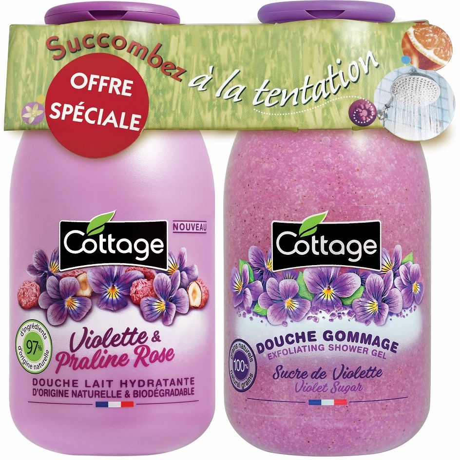 Набор Cottage Violet & Pink Praline молочко для душа 250 мл и гель-эксфолиант 270 мл - фото 1