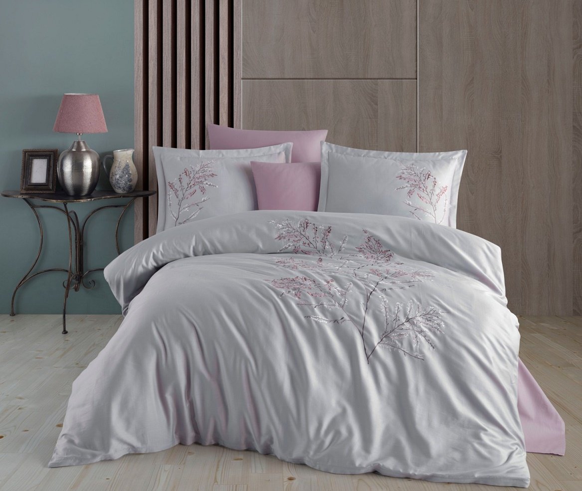 Комплект постельного белья Dantela Vita Blesk gri сатин с вышивкой евро серый (svt-2000022321396) - фото 1