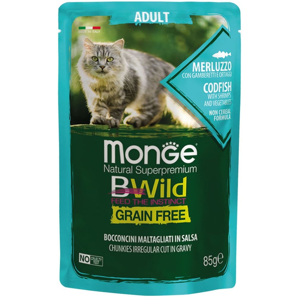 Вологий корм для котів Monge Cat Вwild Gr. Free Wet Adult, тріска з креветками та овочами, 85 г - фото 1