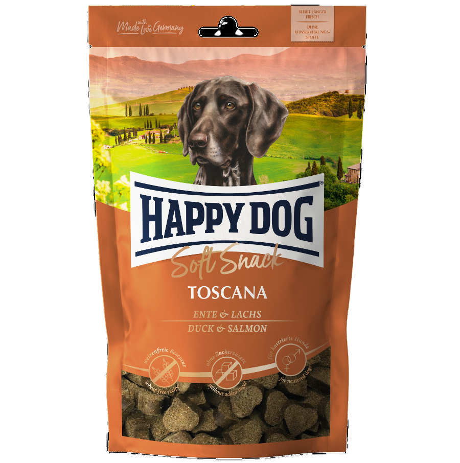 Лакомство для собак средних и крупных пород Happy Dog SoftSnack Toscana, мягкие закуски с уткойи лососем, 100 г (60687) - фото 1