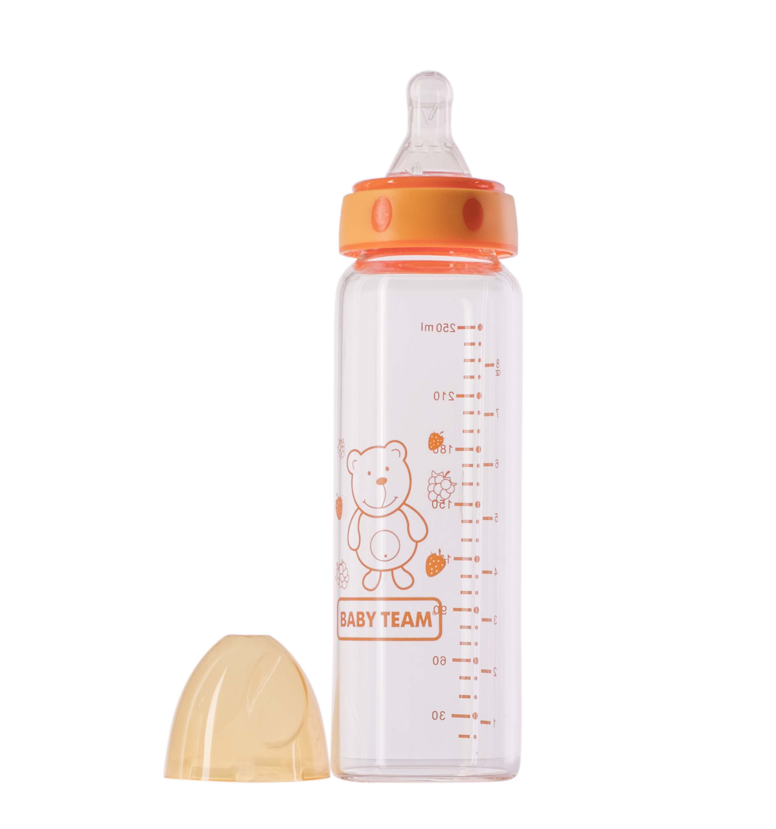 Бутылочка для кормления Baby Team, стеклянная с силиконовой соской, 250 мл оранжевый (1201_оранжевый) - фото 2