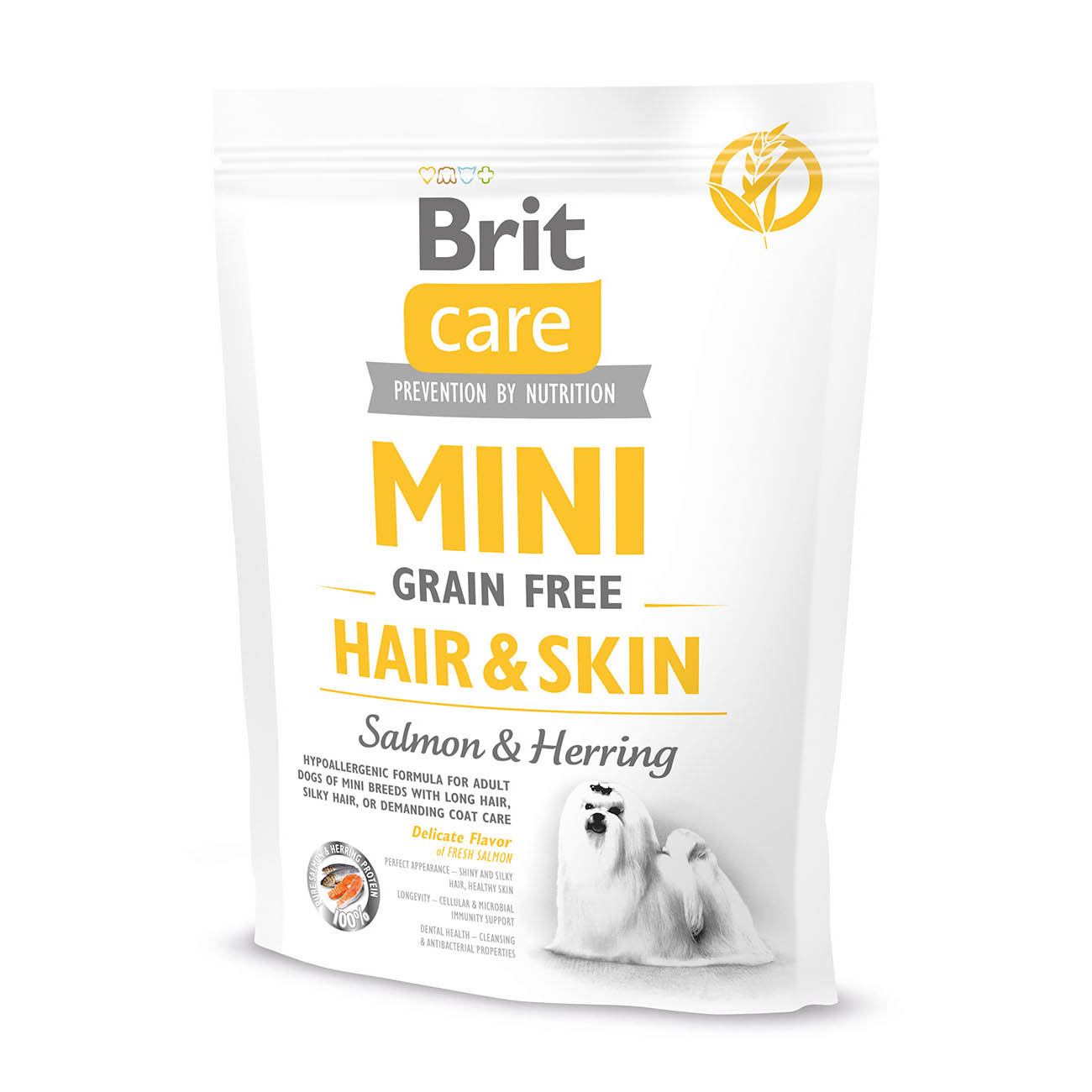 Беззерновий сухий корм для собак мініатюрних порід Brit Care GF Mini Hair&Skin, догляд за шерстю, з лососем та оселедцем, 0,4 кг - фото 1