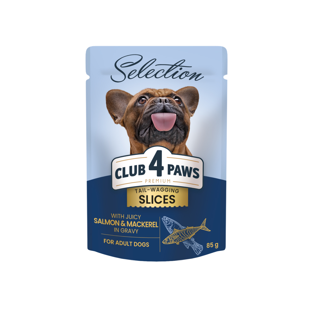 Вологий корм для дорослих собак малих порід Club 4 Paws Premium Шматочки з лососем та макрелью в соусі, 85 г (B5530601) - фото 1
