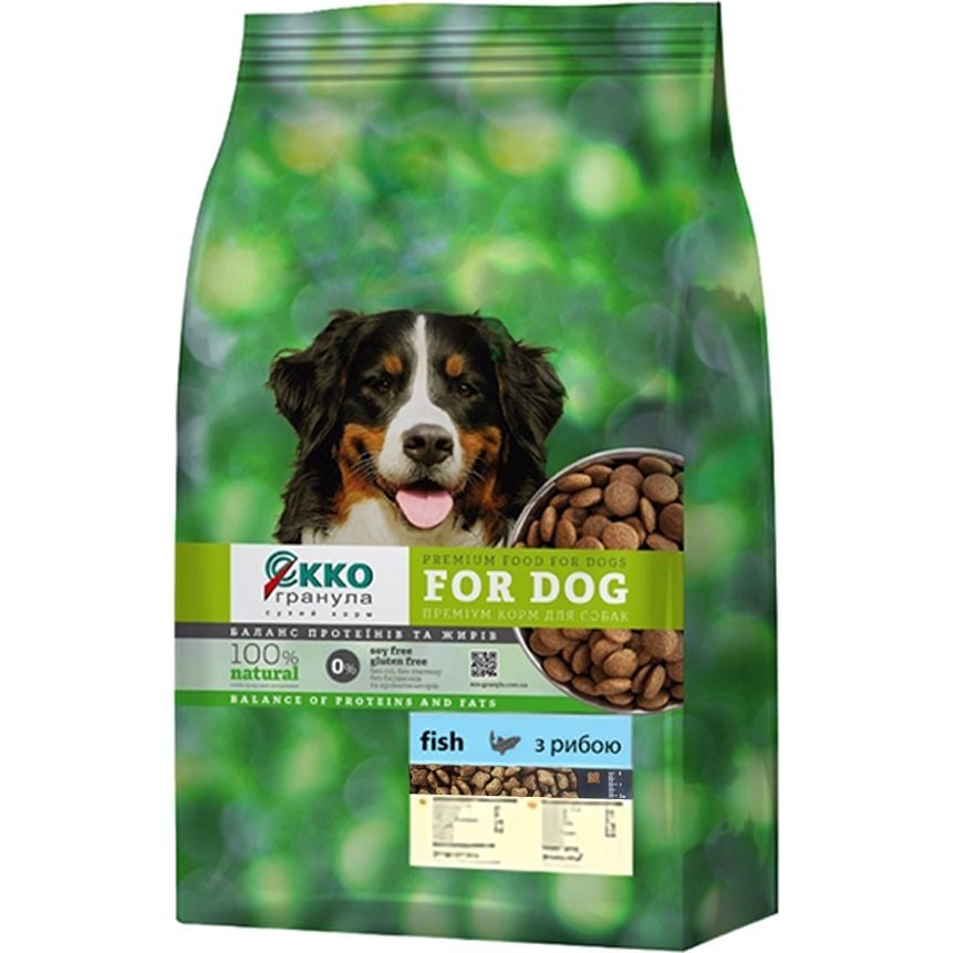 Сухий корм для дорослих собак Екко-гранула, з рибою, чотирилисник, 10 кг - фото 1
