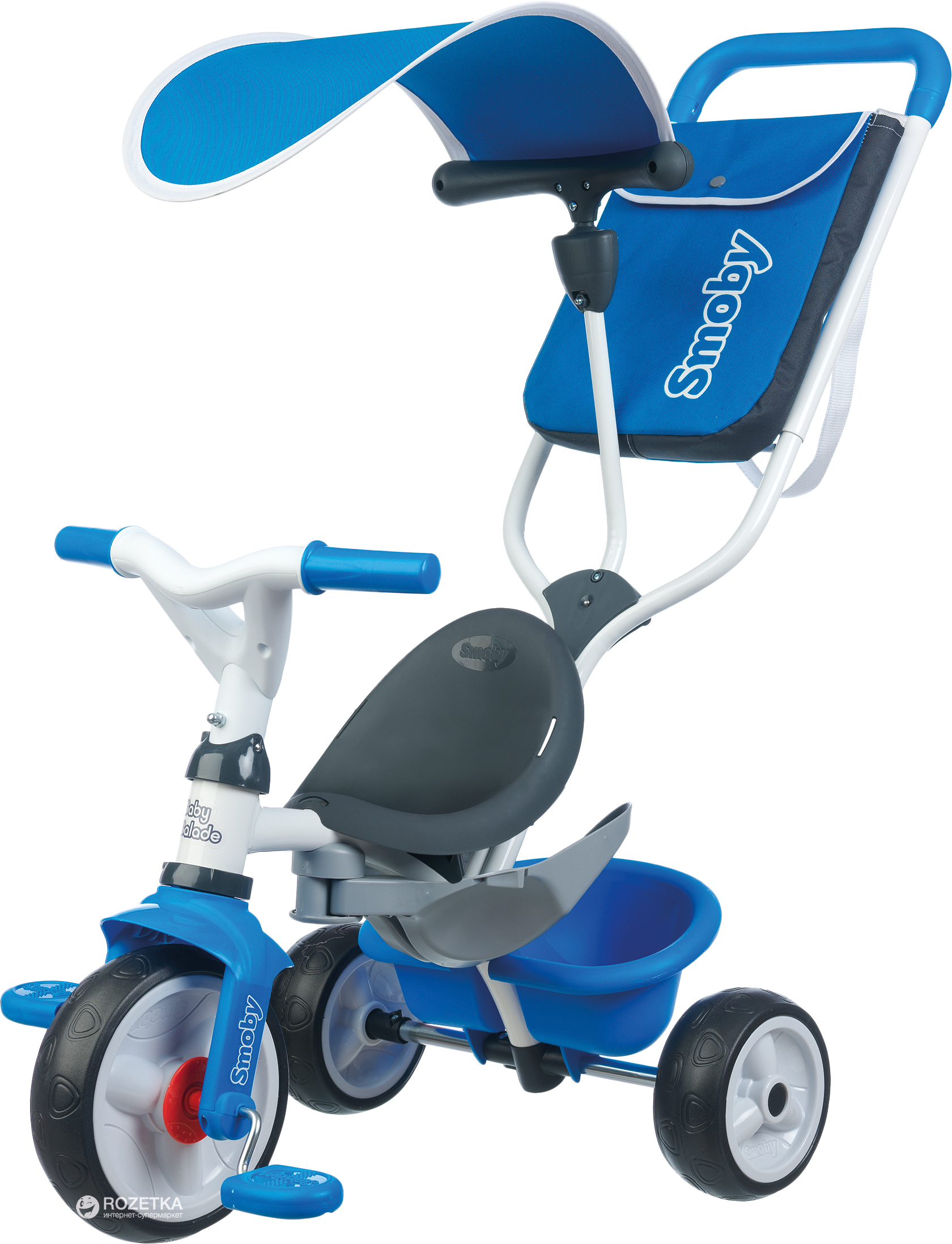 Триколісний велосипед Smoby Toys з козирком, багажником і сумкою, синій (741102) - фото 1