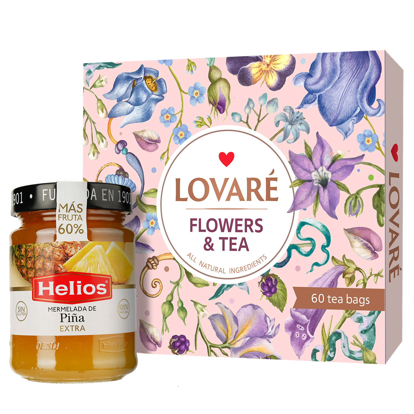 Набор: Коллекция чая Lovare Flowers&Tea 12 видов 102.5 г 60 шт. + Джем Helios из ананасов 340 г - фото 1