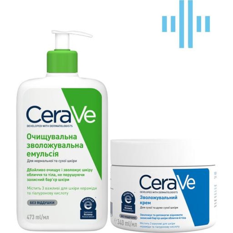 Набір дерматологічних засобів CeraVe: Очищувальна зволожувальна емульсія для нормальної та сухої шкіри обличчя та тіла, 473 мл + Зволожувальний крем для сухої та дуже сухої шкіри обличчя та тіла, 340 мл - фото 1