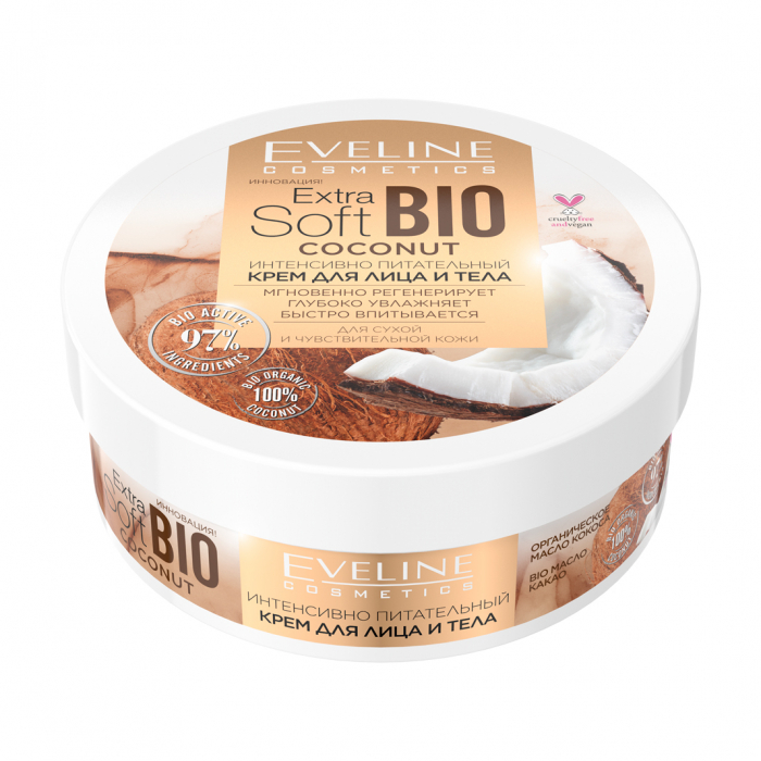 Интенсивно питательный крем для лица и тела Eveline Extra Soft bio Coconut, 200 мл (C200ESBMK) - фото 1