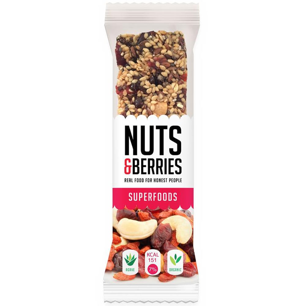 Батончик Nuts & Berries ореховый с чиа, какао бобами и ягодами органический 40 г - фото 1