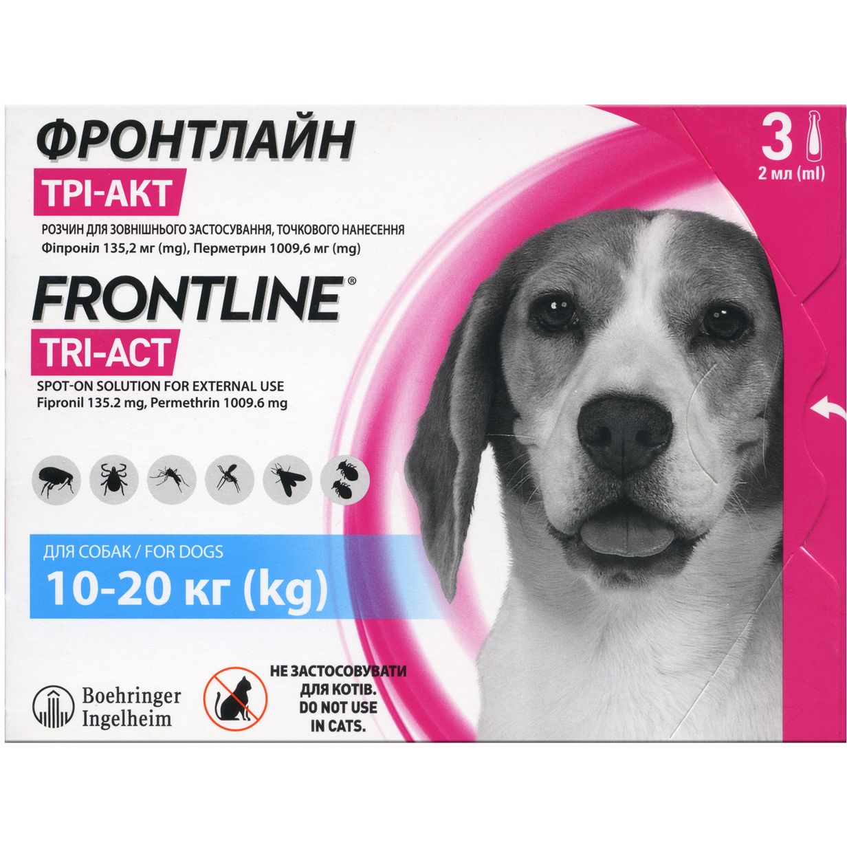 Капли Boehringer Ingelheim Frontline Tri-Act от блох и клещей для собак 10-20 кг 6 мл (3 шт. х 2 мл) (159913) - фото 1