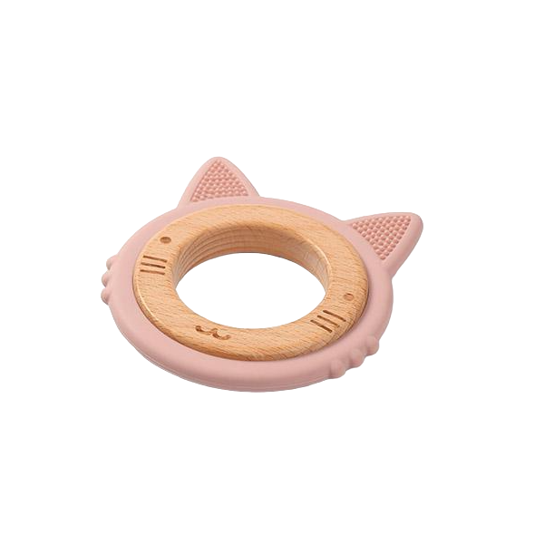 Прорезыватель для зубов BabyOno Котенок, деревянно-силиконовый, розовый (1076/02) - фото 1