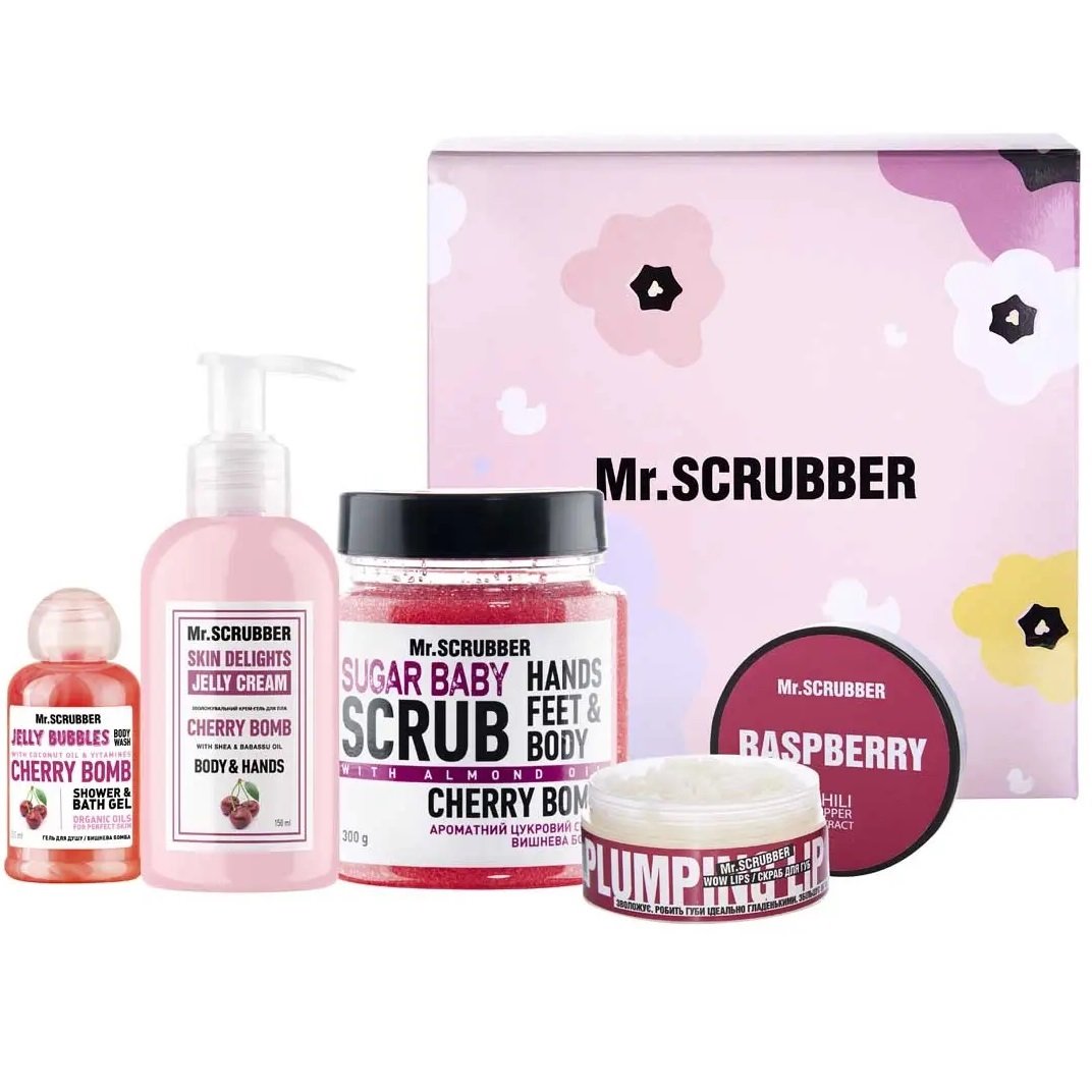 Подарочный набор Mr.Scrubber Cherry Care: Сахарный скраб, 300 г + Крем-гель для тела, 150 мл + Скраб для губ, 50 мл + Гель для душа, 50 мл - фото 1