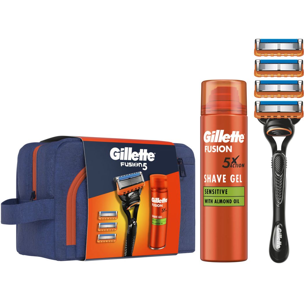 Подарунковий набір: Станок для гоління чоловічий Gillette Fusion5 з 4 змінними картриджами + Гель для гоління Gillette Fusion5 для чутливої шкіри 200 мл + Косметичка - фото 1