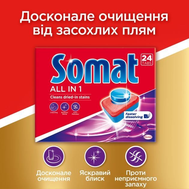 Таблетки для миття посуду у посудомийній машині Somat All in one, 90 таблеток + Somat Ополіскувач з ефектом швидкого висихання, 750 мл - фото 2