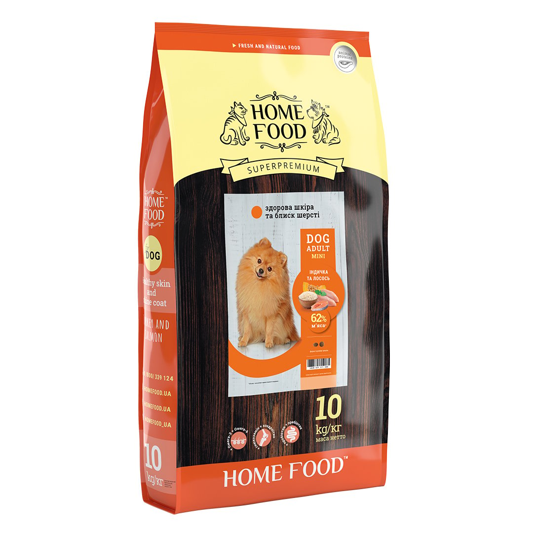 Сухий корм для собак дрібних порід Home Food Adult Mini Здорова шкіра й блиск шерсті, з індичкою та лососем, 10 кг - фото 1