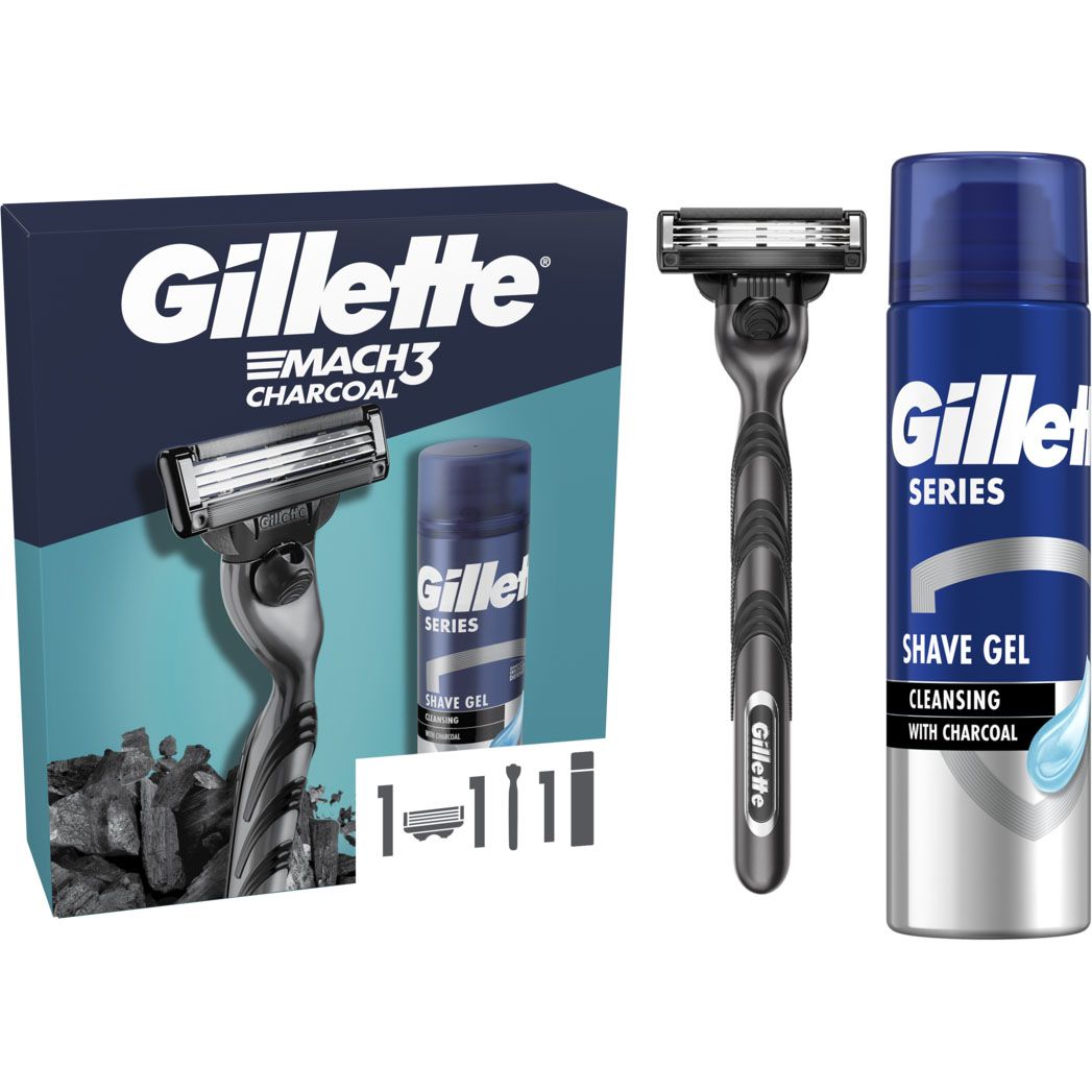 Подарунковий набір: Станок для гоління чоловічий Gillette Mach3 Charcoal з 1 змінним картриджем + Гель для гоління Gillette Series Очищаючий з вугіллям 200 мл - фото 1