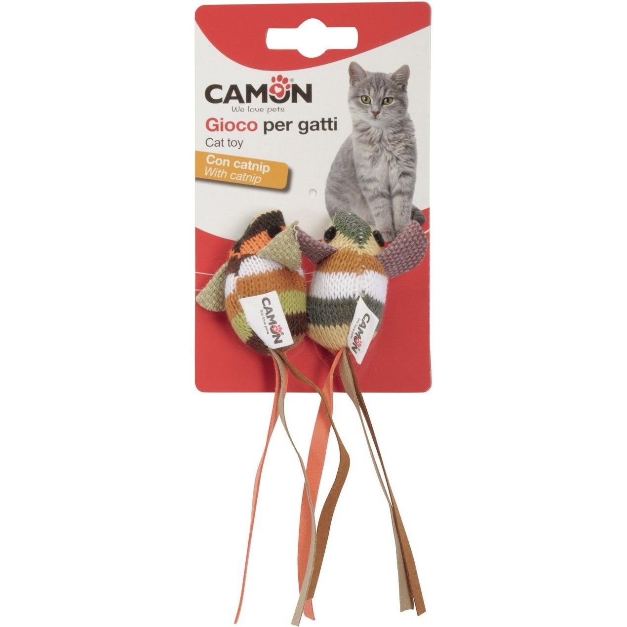 Игрушка для кошек Camon Полосатые мышки с ленточками, с ароматом кошачьей мяты, 5,5 см, 2 шт., в ассортименте - фото 1