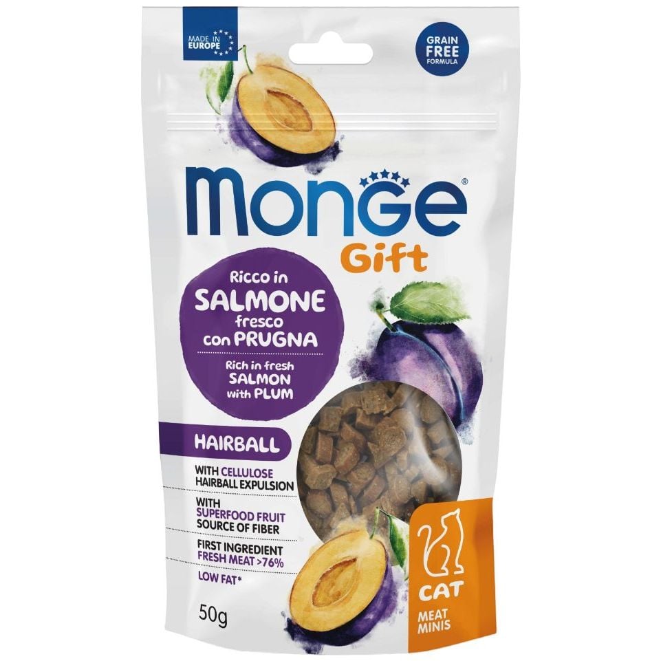 Ласощі для котів Monge Gift Cat Hairball, лосось зі сливою, 50 г (70085137) - фото 1