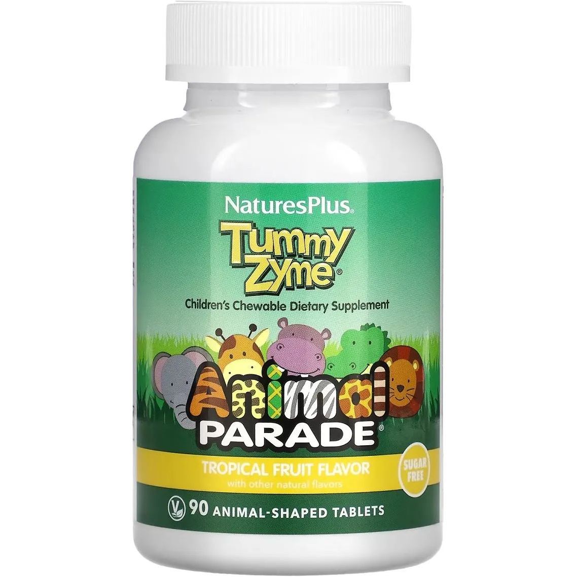 Комплекс для детей NaturesPlus Animal Parade Tummy Zyme Тропические фрукты для улучшения пищеварения 90 жевательных конфет - фото 1