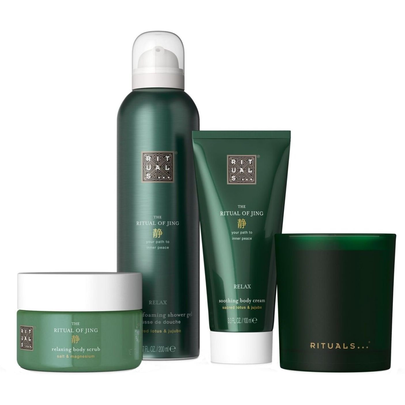 Набір Rituals The Ritual of Jing Medium Gift Set: гель-пінка для душу 200 мл + крем для тіла 100 мл + скраб для тіла 125 мл + ароматична свічка - фото 1