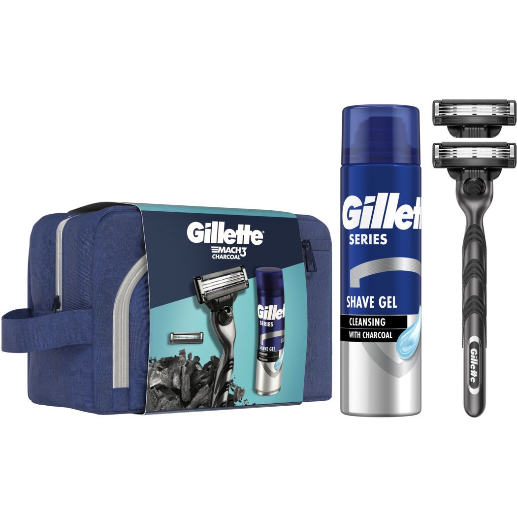 Подарочный набор: Станок для бритья мужской Gillette Mach3 Charcoal с 2 сменными картриджами + Гель для бритья Gillette Series Очищающий с углем 200 мл + Косметичка - фото 1