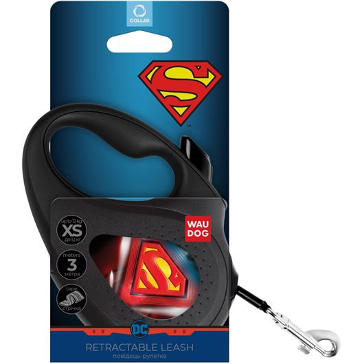 Повідець-рулетка для собак Waudog R-leash Супермен Лого, світловідбиваючий, XS, до 12 кг, 3 м, чорний - фото 3