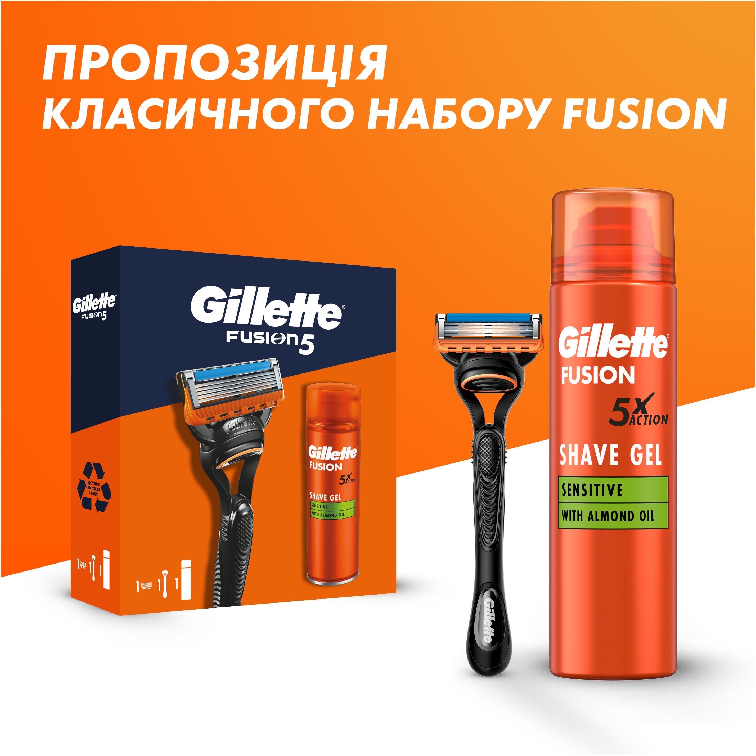 Подарунковий набір для чоловіків Gillette Fusion5: бритва зі змінним катриджем для гоління + гель для гоління 200 мл - фото 9